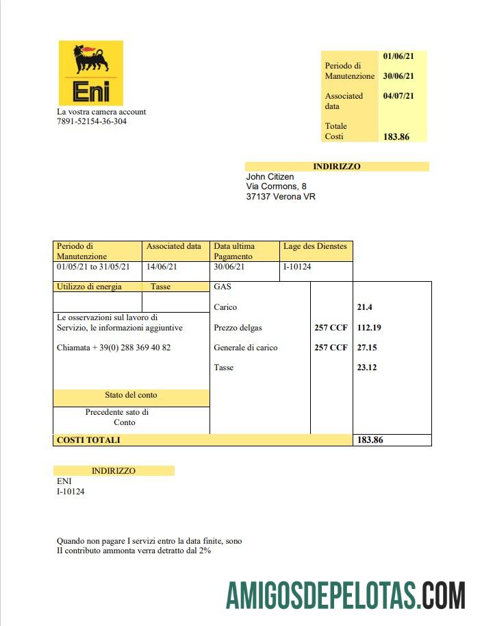 Para baixar modelo de fatura de serviços públicos de gás da Itália em formato .doc e .pdf, totalmente editável